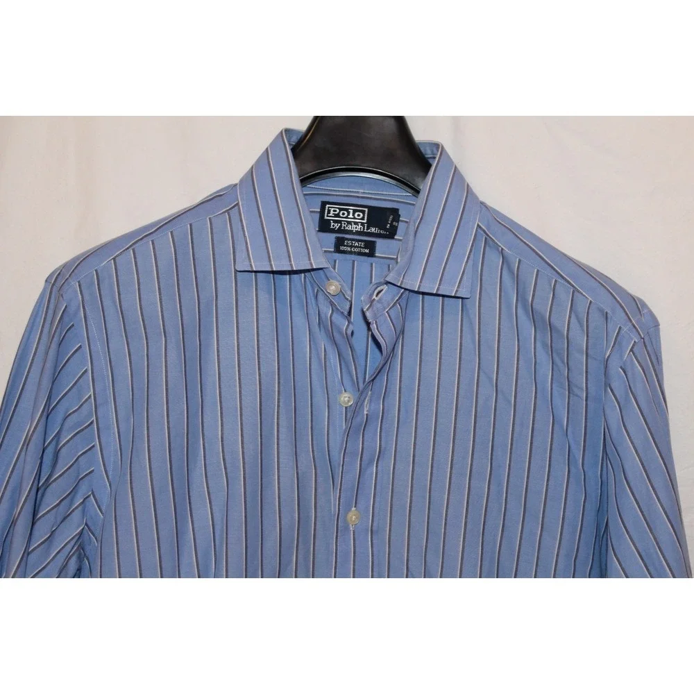 Polo Ralph Lauren Estate Mens Blue White Striped Dress Shirt 15.5 34/35 Cotton